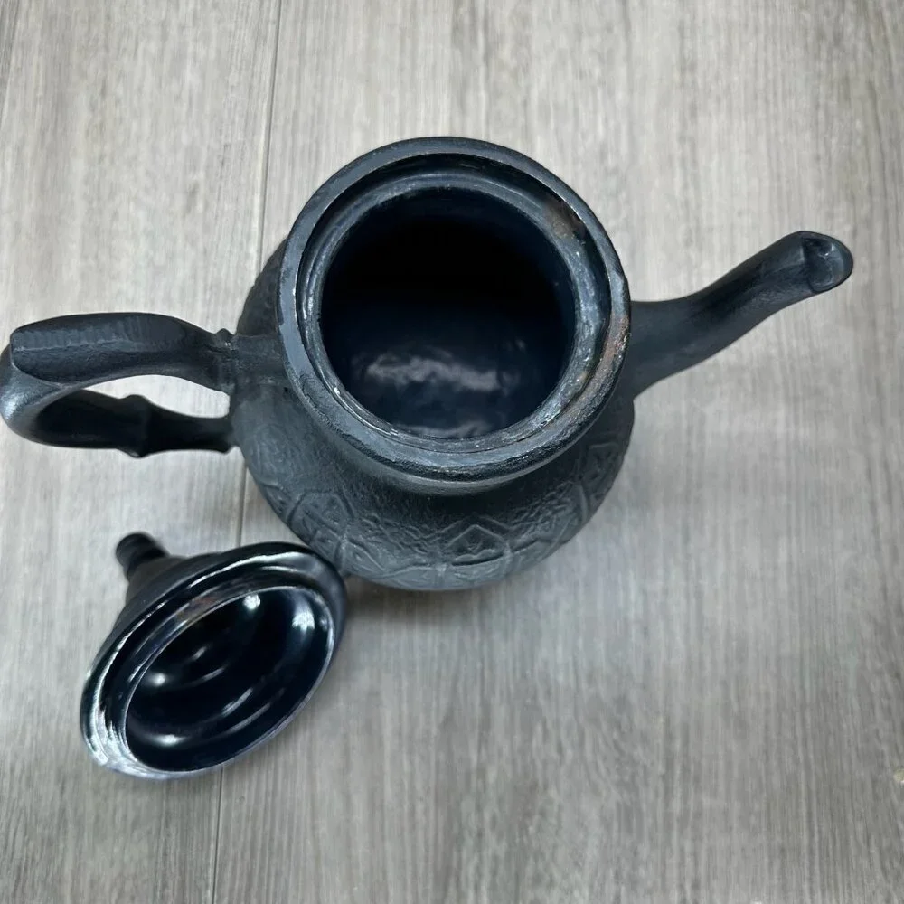 Vintage Ornate Cast Iron Moroccan Teapot w/ Lid Textured Matte Black